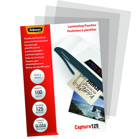 Fellowes Capture125 75x105mm 125micron Gloss Laminating Pouches (100 Pack) Buy Online in Zimbabwe thedailysale.shop