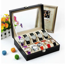 Load image into Gallery viewer, 10 Compartment PU Leather Watch Display Box - Black
