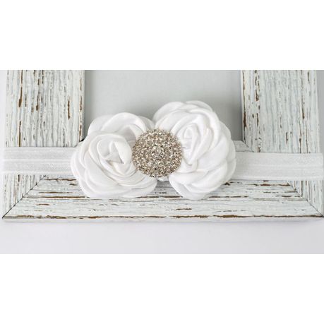 Double Satin Flower with Round Gemstone Centre Headband in White Color Buy Online in Zimbabwe thedailysale.shop