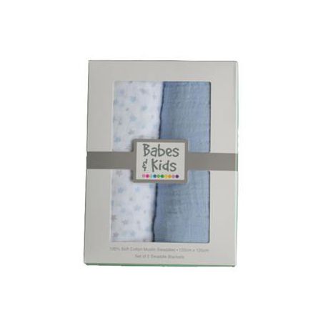 Babes & Kids - 100% Cotton Muslin/Swaddle Blanket Gift Set - Blue Buy Online in Zimbabwe thedailysale.shop