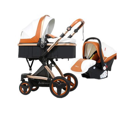 Belecoo 3 in 1 Baby Pram Stroller with Car Seat - Orange & White Buy Online in Zimbabwe thedailysale.shop