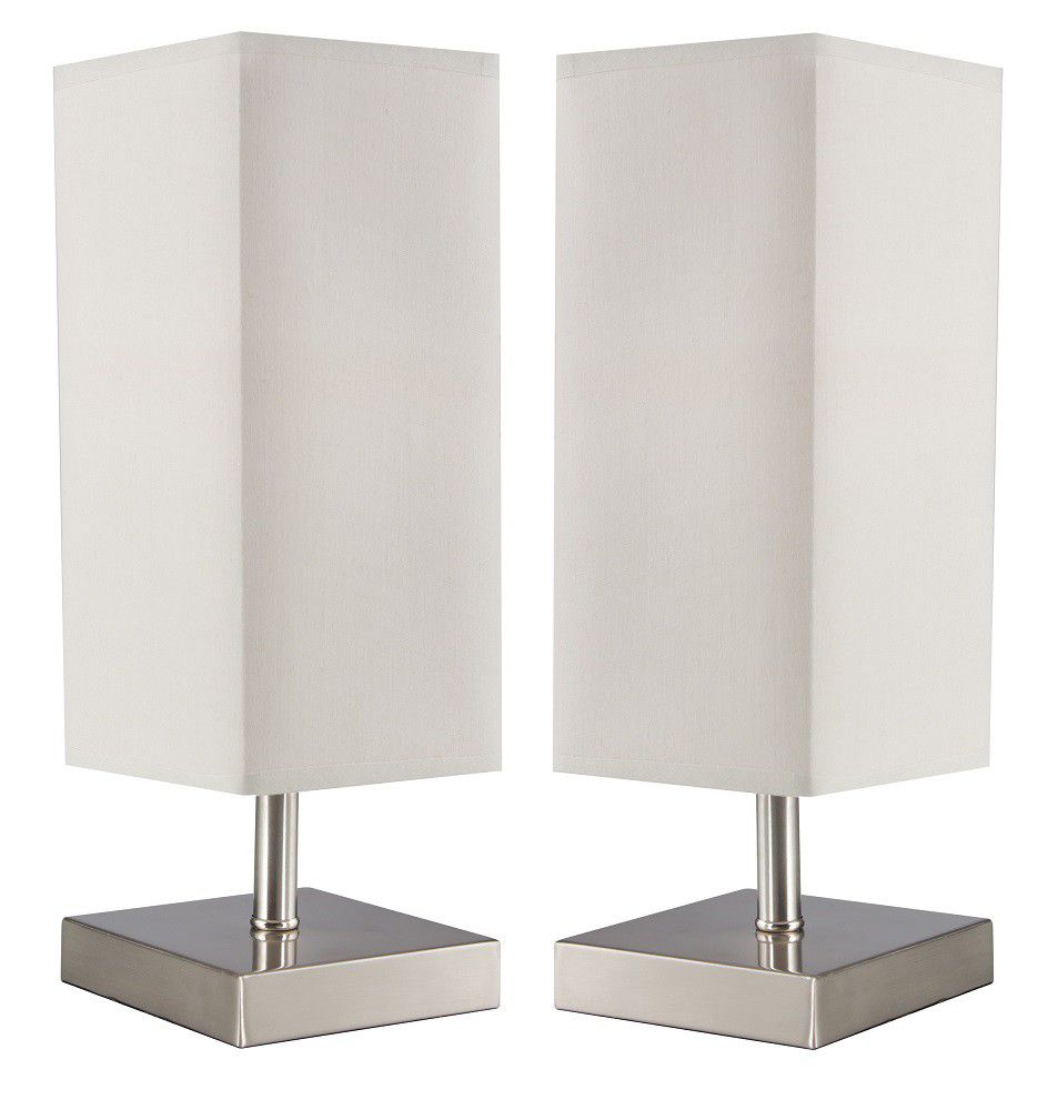 Bright Star Lighting - Twin Set of Satin Chrome Table Lamps With Beige Shade