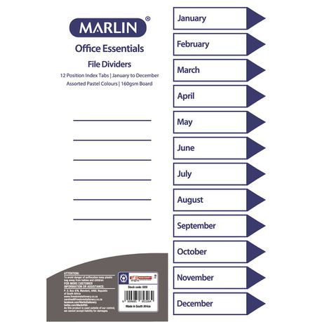 Marlin File 12 (Jan - Dec) Index Dividers 160gsm Pastel Colours Buy Online in Zimbabwe thedailysale.shop