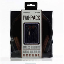 Load image into Gallery viewer, Wireless Headphones and Stereo In-Ear Buds with Mic , Two-Pack - Black
