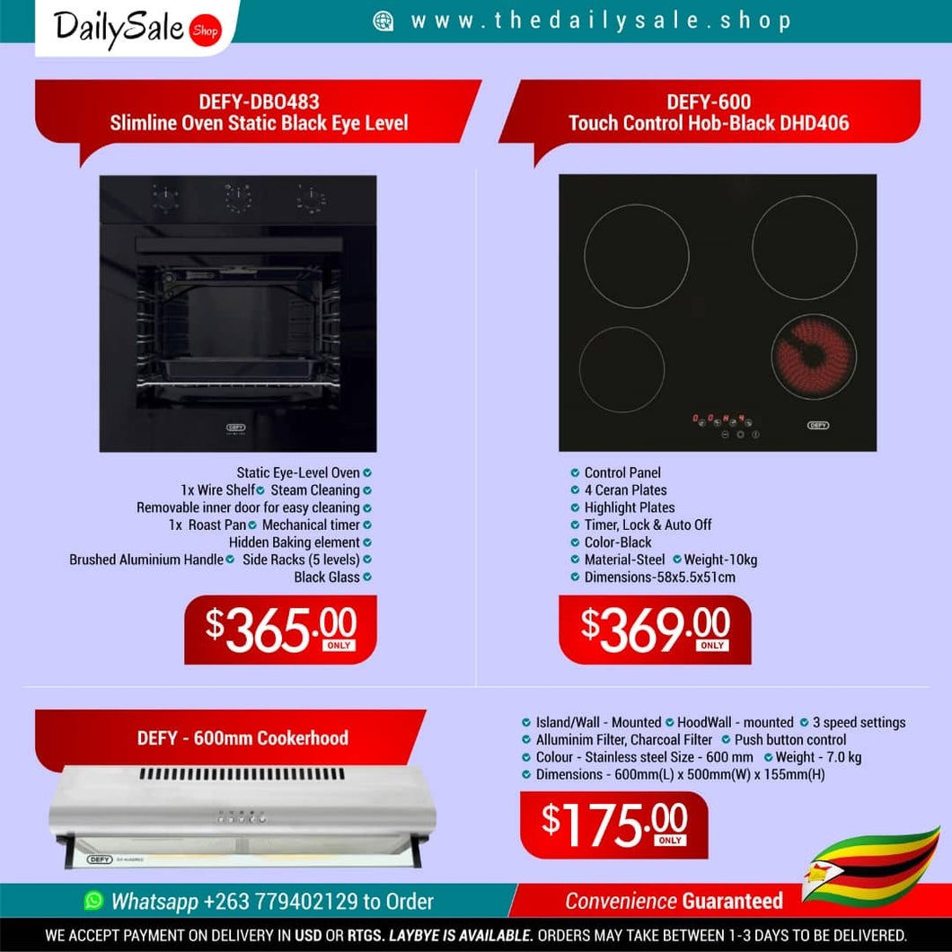 ($365) Slimline Multifunction Eye-Level Oven and ($369) Defy - 600 Touch Control Hob - Black plus ($175) Defy 60cm Black Extractorhood