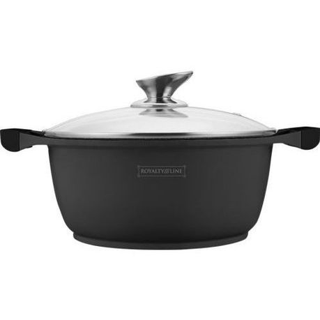Royalty Line Marble Coating 32cm Round Casserole Pot With Glass Lid - Black