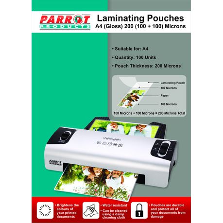 Parrot Laminating Pouch A4 200(100+100) Micron - Pack of 100 Buy Online in Zimbabwe thedailysale.shop