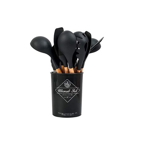 12 Pieces Silicone Cooking Utensils Set with Wooden Handle - Dark Gray