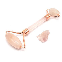 Load image into Gallery viewer, PurpleX Rose Quartz Facial Roller With Raw Rose Quartz Chrystal
