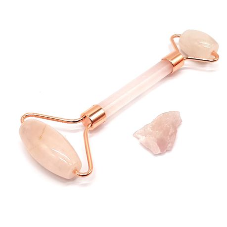 PurpleX Rose Quartz Facial Roller With Raw Rose Quartz Chrystal
