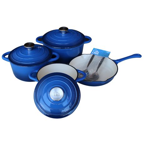 LMA Branded 7 Piece Cast Iron Cookware Set & Two Piece Utensil Set - Blue Buy Online in Zimbabwe thedailysale.shop