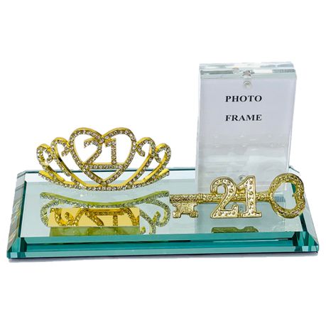 21st Key Gold Tiara on Mirror Glass Base with Key & Photo Frame