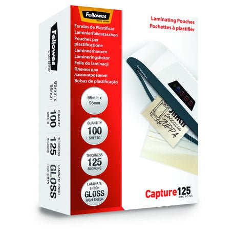 Fellowes Capture125 65x95mm 125micron Gloss Laminating Pouches (100 Pack) Buy Online in Zimbabwe thedailysale.shop