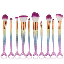 Load image into Gallery viewer, 10 Piece Mermaid Professional Makeup Brush Cosmetic Set - Matte Rainbow
