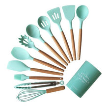 Load image into Gallery viewer, Hestia 12 Piece Silicone &amp; Wood Kitchen Utensil Set - Mint
