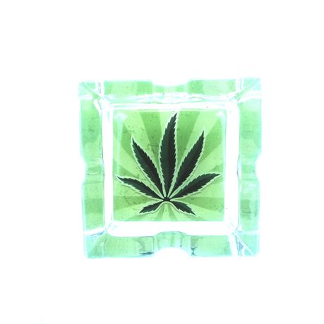 Black Cannabis Leaf on Green Background Square Glass Ashtray