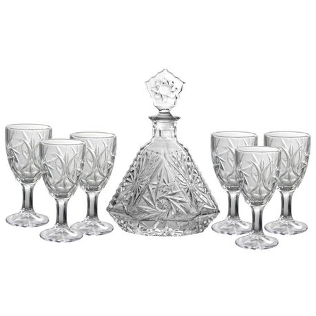Elegant 7 Piece Clear Glass Decanter Set with 6 Wine Glasses Buy Online in Zimbabwe thedailysale.shop