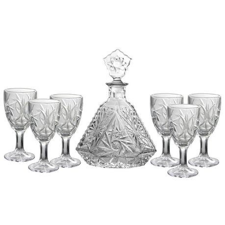 Elegant 7 Piece Clear Glass Decanter Set with 6 Wine Glasses