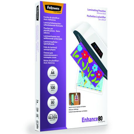 Fellowes Enhance80 A4 80micron Gloss Laminating Pouches (100 Pack)