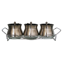Load image into Gallery viewer, 4 Piece Broad Glass Condiment set in Polished Steel with Metal Rack &amp; Scoops
