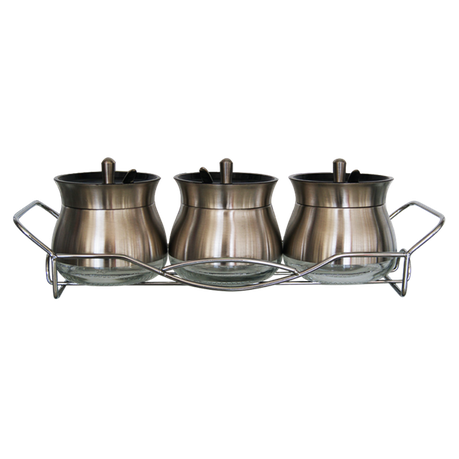 4 Piece Broad Glass Condiment set in Polished Steel with Metal Rack & Scoops