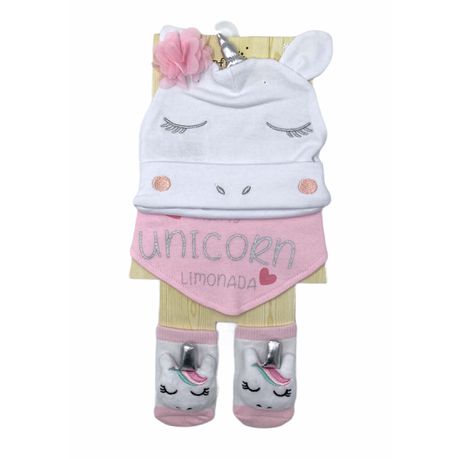 Baby Bib, Hat, Sock Set 3 Piece - Pink Unicorn Buy Online in Zimbabwe thedailysale.shop