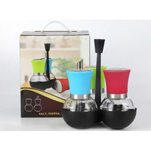 Load image into Gallery viewer, Salt, Pepper &amp; Sugar Broad Glass Shaker Set With Holder - 4-Piece
