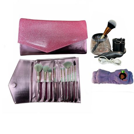 10 Piece Brush Set with Pink Case, Brushes Cleaner and a Makeup Headband