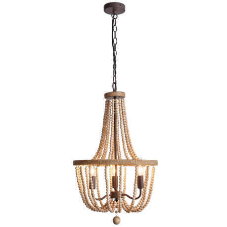 3 Light Natural Brown Chandelier with Round Wood Beads