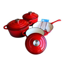 Load image into Gallery viewer, LMA Branded 7 Piece Cast Iron Cookware Set &amp; Two Piece Utensil Set - Red
