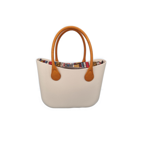 Eva Classic Handbag Beige, African canvas inner, Caramel round handles Buy Online in Zimbabwe thedailysale.shop