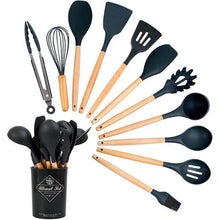 Load image into Gallery viewer, 12 Pieces Silicone Cooking Utensils Set with Wooden Handle - Dark Gray
