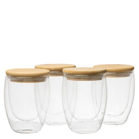 Double Walled Glasses 350 ml With Bamboo Lid , Set of 4 Buy Online in Zimbabwe thedailysale.shop