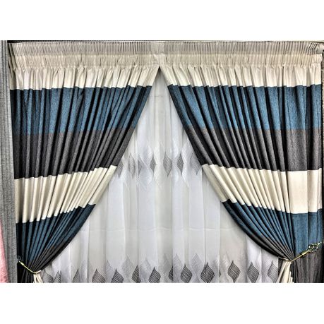 Blue White & Grey Line Theme Curtain & Leaf Lace 2.5x2.4m Buy Online in Zimbabwe thedailysale.shop