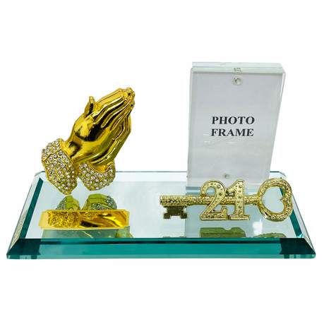 21st Key Gold Praying Hand Glass Mirror Base Metal and Photo Frame