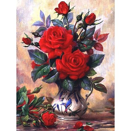 Diamond Painting DIY Kit - Full Drill Round Dot - Red Roses In Vase