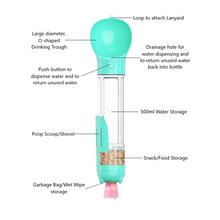 Load image into Gallery viewer, Portable Pet Drinking Water Bottle + Food Snack, Poop Scoop and Bag Storage
