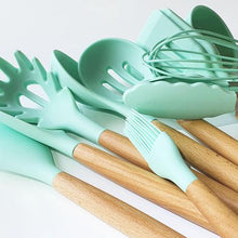 Load image into Gallery viewer, Hestia 12 Piece Silicone &amp; Wood Kitchen Utensil Set - Mint
