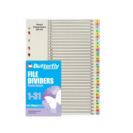 Butterfly A4 File Dividers Pastel Board - 31 Tab 1-31 (Pack Of 5) Buy Online in Zimbabwe thedailysale.shop