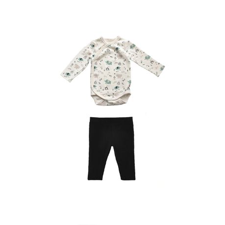 Newborn Cross-over Onesie With Gathered Details and Black Leggings