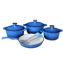 Load image into Gallery viewer, LMA Branded 7 Piece Cast Iron Cookware Set &amp; Two Piece Utensil Set - Blue
