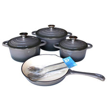 Load image into Gallery viewer, LMA Branded 7 Piece Cast Iron Cookware Set &amp; Two Piece Utensil Set - Grey
