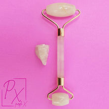 Load image into Gallery viewer, PurpleX Rose Quartz Facial Roller With Raw Rose Quartz Chrystal
