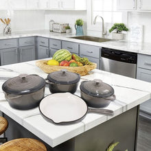 Load image into Gallery viewer, Delicate 7 Piece Cast Iron Dutch Oven Pot Pan &amp; LMA Utensils Set - Charcoal

