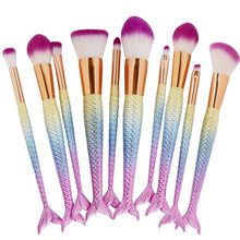 Load image into Gallery viewer, 10 Piece Mermaid Professional Makeup Brush Cosmetic Set - Matte Rainbow
