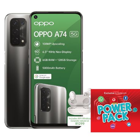 OPPO A74 5G 128GB Single Sim - Fluid Black + Vodacom Sim Card Pack Buy Online in Zimbabwe thedailysale.shop