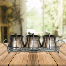 Load image into Gallery viewer, 4 Piece Broad Glass Condiment set in Polished Steel with Metal Rack &amp; Scoops
