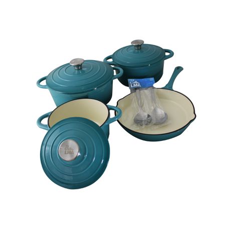 LMA Branded 7 Piece Cast Iron Cookware Set &Two Piece Utensil Set Turquoise Buy Online in Zimbabwe thedailysale.shop