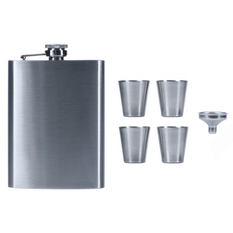 Stainless Steel Hip Flask - Gift Set with 4 Shot Cups and Funnel