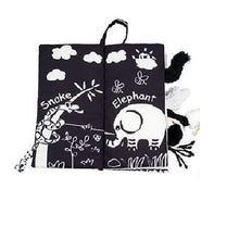 Load image into Gallery viewer, Jollybaby Soft Cloth Baby Books - Jungle Tails (black &amp; white)
